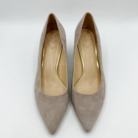Brian Atwood‎ Karina Taupe Suede Block Heel Pumps With Gold Grid Heel Design 10 - Picture 8 of 16